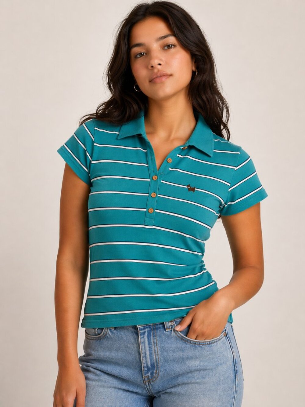 Vintage Energie Y2K Striped Polo Shirt Embroidered Dog Teal Women’s L